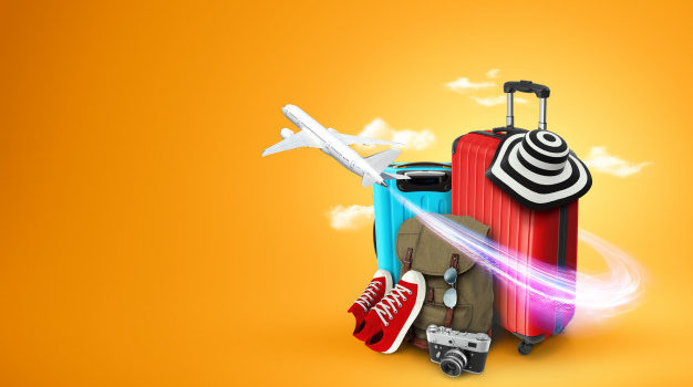 creative-background-red-suitcase-sneakers-plane-yellow-background_99433-32