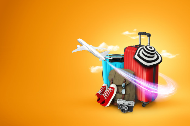 creative-background-red-suitcase-sneakers-plane-yellow-background_99433-32